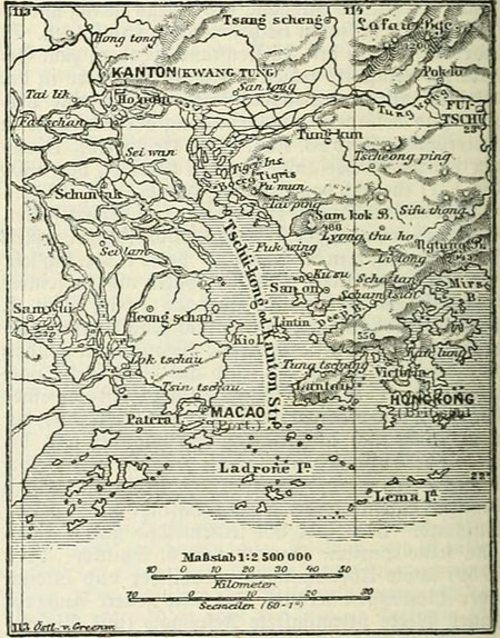 1888年の香港、マカオ、広東の地図（製作ドイツ）／wikipediaより引用