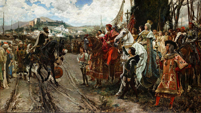 800年近いレコンキスタ（イベリア半島の戦い）を収束させたグラナダ陥落。白い馬に跨っているのがイサベル／wikipediaより引用